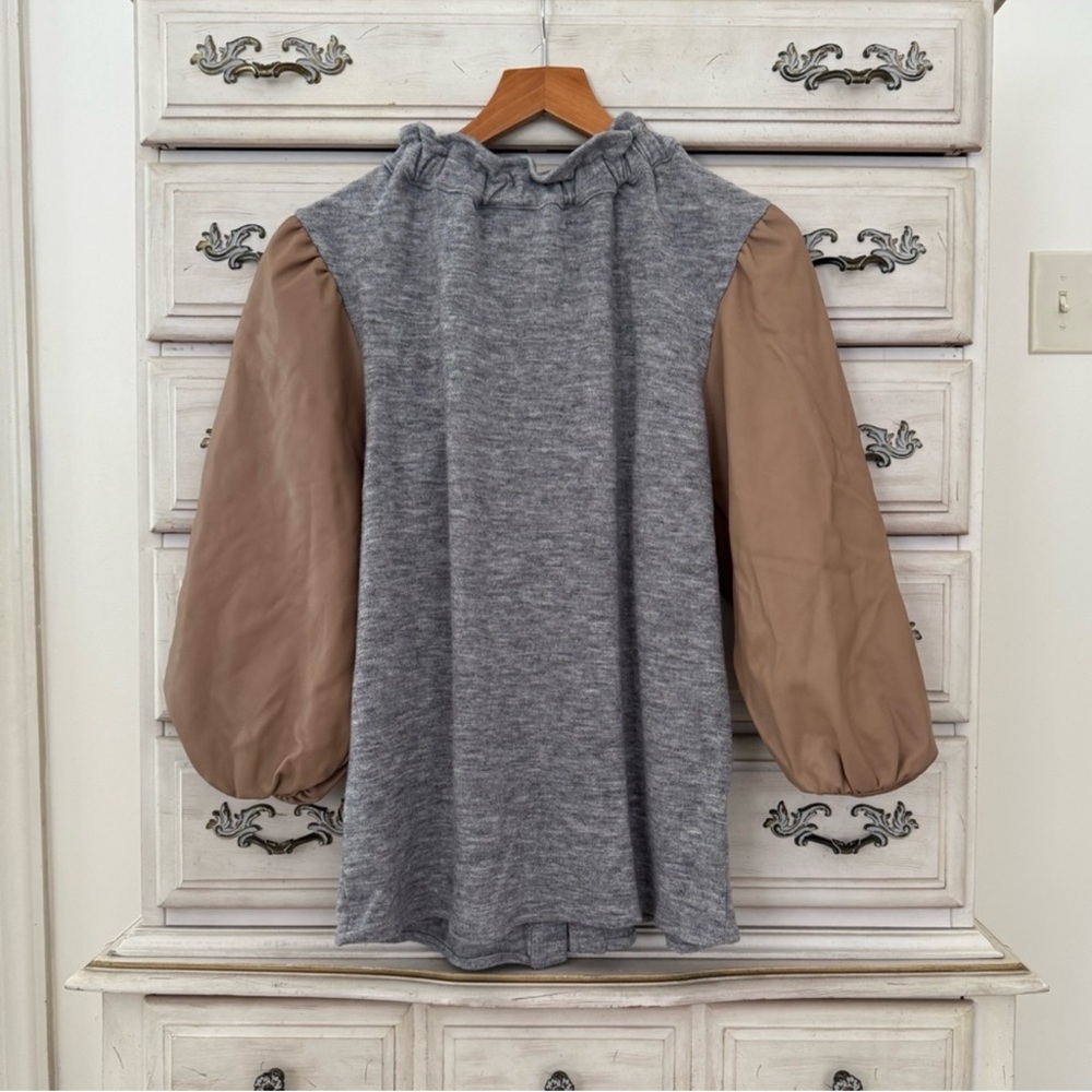 Grey Mixed Media Contrast Sleeve Top